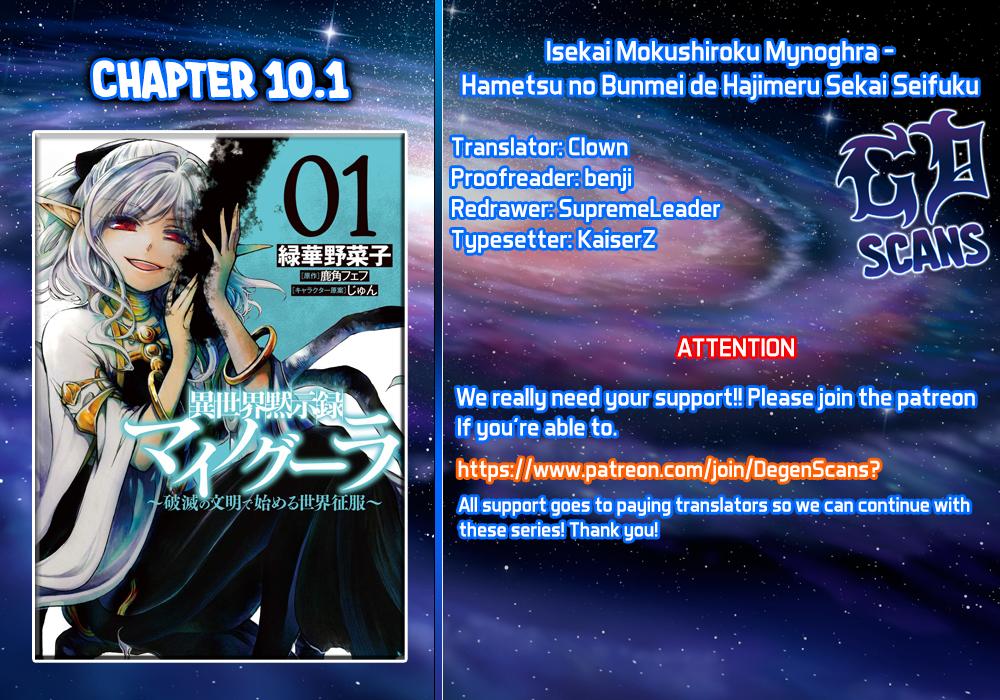 Isekai Mokushiroku Mynoghra: Hametsu no Bunmei de Hajimeru Sekai Seifuku Chap 10.1 - Next Chap 11.1